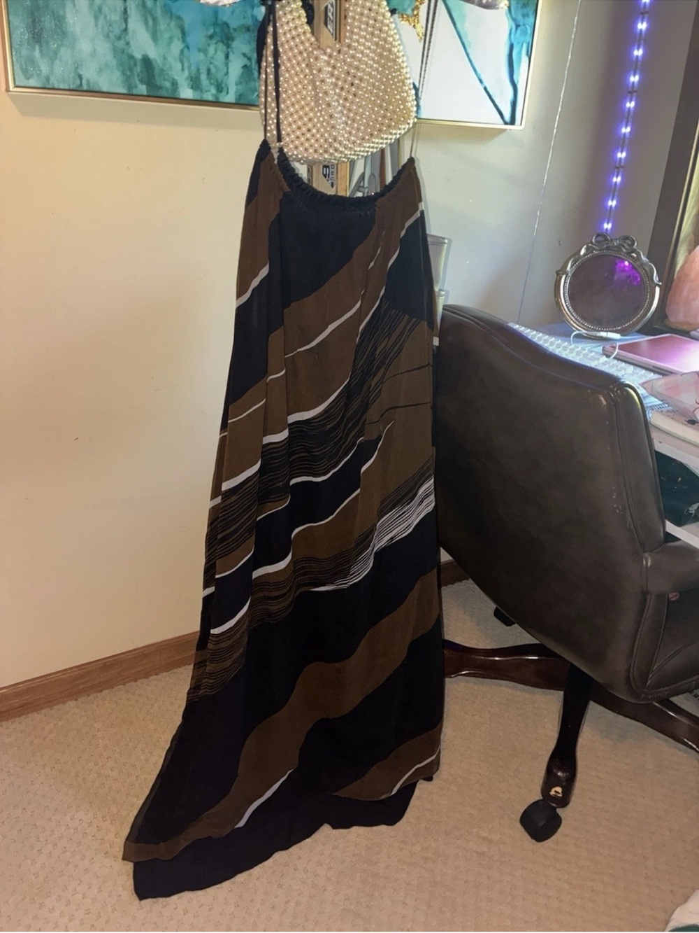 Billy Reid Women’s Silk Maxi Dress Brown Black Striped One-Shoulder Sleeveless M